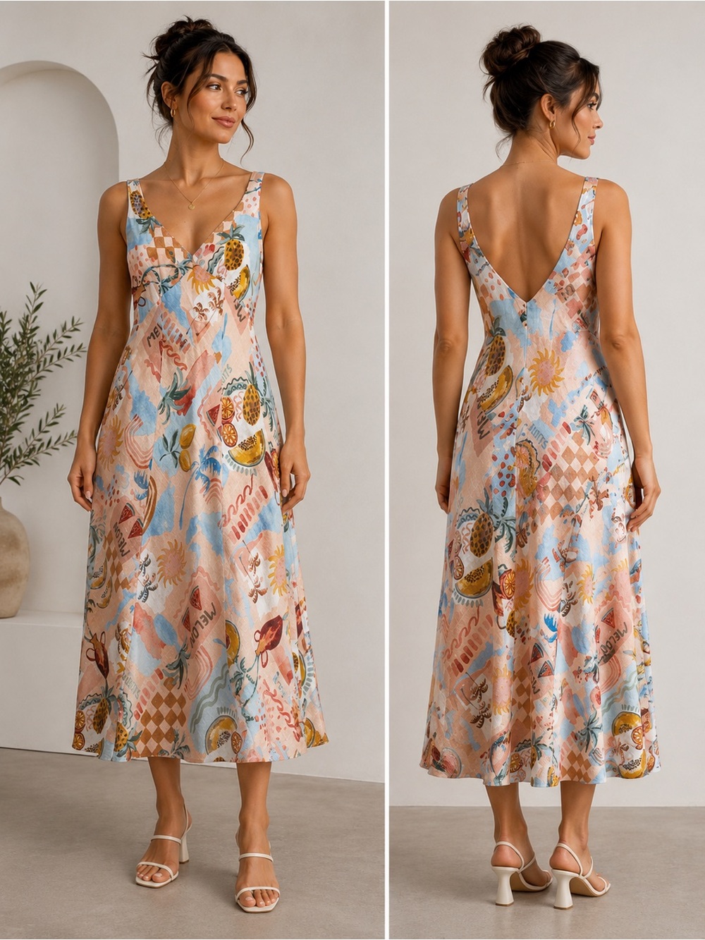 🍑Linen Blend Sleeveless V-Neck Maxi Dress in Peach Multi Print